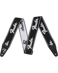 Fender WeighLess 2" Running Logo Strap, Black/White
