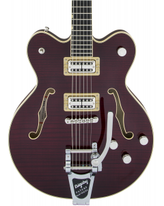 Gretsch G6609TFM Players Edition Broadkaster Center Block Double-Cut Electric Guitar with String-Thru Bigsby. USA Full'Tron Pickups, Tiger Flame Maple, Dark Cherry Stain