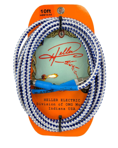 Heller Electric Braid-Matrix Guitar Cable, 10ft, White/Blue, 1/4" Straight-to-Straight, 20AWG OFC, 99% Shielded, Professional Grade