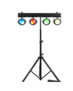 American DJ DOT444 Dotz Tpar Sys Plus; LED Wash System includes four adjustable LED pars, a lighting stand, foot controller, RF remote control and transport bags.