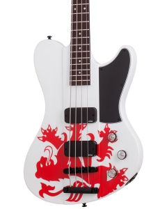 Schecter Simon Gallup Ultra Spitfire Electric Guitar. Gloss White with Red Lion graphic