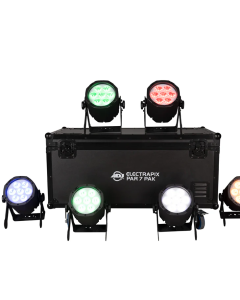 American DJ ELE738 ElectraPix Par 7 Pak Includes 6 ElectraPix Par 7 LED Pars, an ADJ UC-IR24 remote control, and a power cable