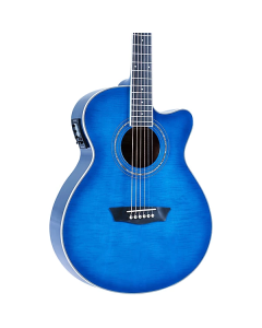Washburn EA15 Festival Series Mini Jumbo Cutaway Acoustic Electric Guitar. Flame Transparent Blue