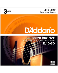 D'Addario 10-47 Extra Light, 80/20 Bronze Acoustic Guitar Strings 3-Pack