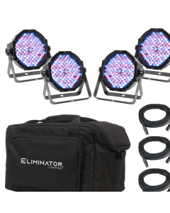 American DJ MEG560 Mega Flat PAK EP;LED includes 4 Eliminator Lighting Mega Par Profile EP Pars, 4 (1M/3ft.) IEC to Edison power cables, 3 (6ft/2M) DMX Cables and a soft transport bag