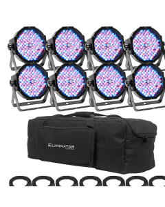 American DJ MEG890 Mega Flat PAK8 EP; 8 MEG360 package includes, 8 Eliminator Lighting Mega Par Profile EP Pars, 8 (1M/3ft.) IEC to Edison power cables, 7 (6ft/2M) DMX Cables and a soft transport bag.