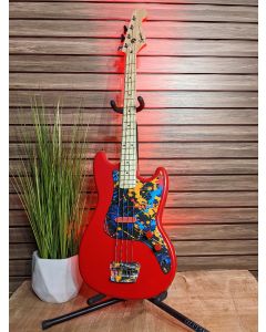 Squier	Custom "Color Splash" Bronco Bass Torino Red with Paint Splatter Graphics. SN0414