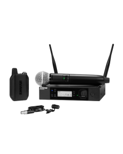 Shure GLXD124R+/85-Z3 Combo System with SM58 microphone handheld, WL185 lavalier microphone, and half-rack GLXD4R+ receiver.